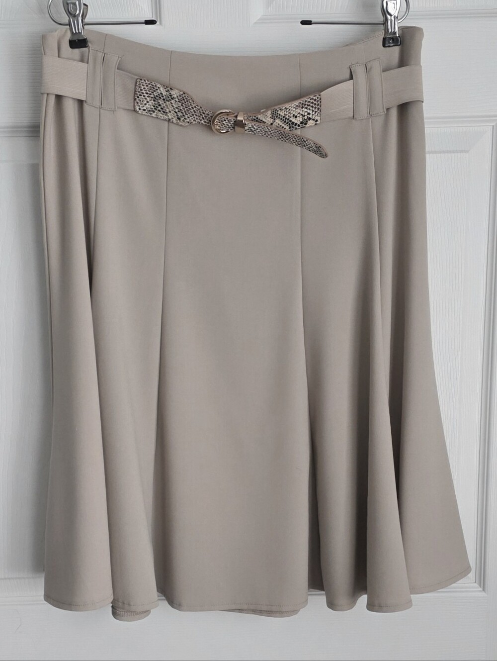 Dressbarn Taupe Belted Flared Midi Skirt Panel Seams Sz 14